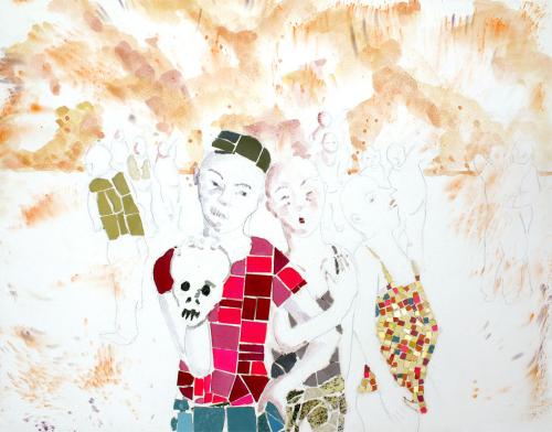 Carnaval et vanité 1, mosaïque aquarelle et béton (45 x 35) - 2008