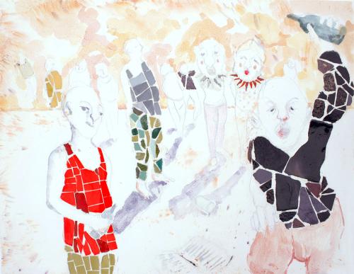 Carnaval et vanité 2, mosaïque aquarelle et béton (45 x 35) - 2008
