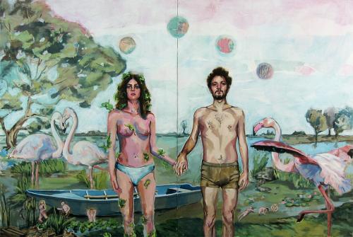 Grenouilles et flamants,diptyque, gouache et papiers dcoups sur toile 2x (130 x 97) - 2009