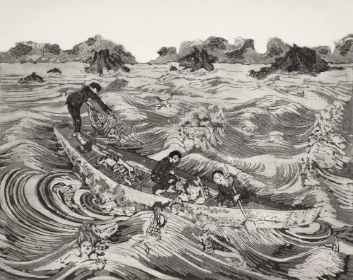 Les-trois-pecheurs-dHokusai-eau-forte-25-x-20-2012